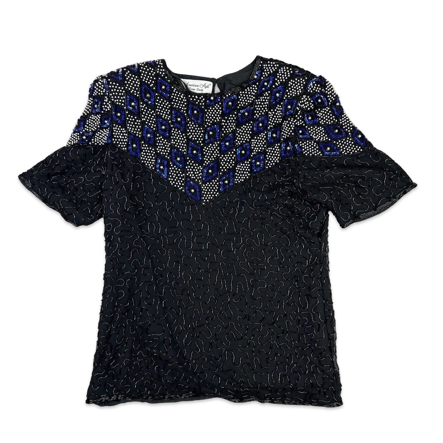 Vintage 80s Boxy Oversized Sequin Blouse Black White Blue 10 12