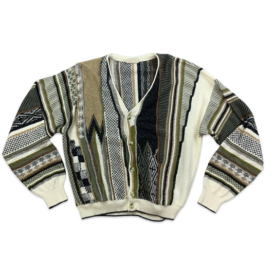 Vintage Colourful Abstract Pattern Cardigan Grey Brown Cream M L