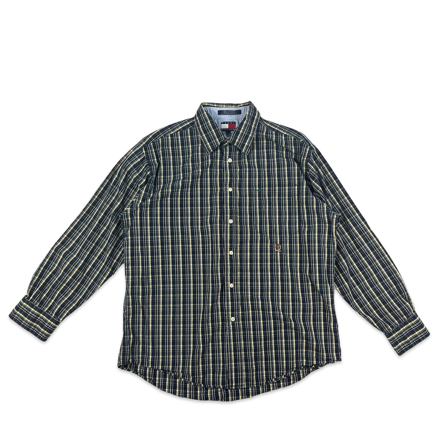 90s 00s Vintage Tommy Hilfiger Plaid Shirt Navy Yellow White L XL