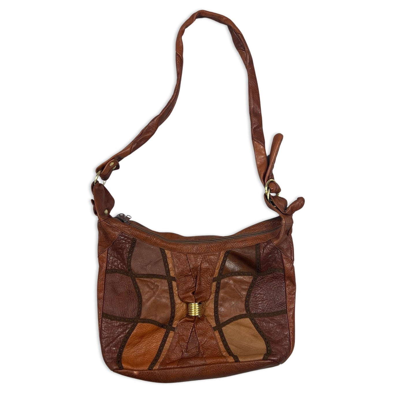 90s Vintage Patchwork Leather Crossbody Handbag Brown Gold