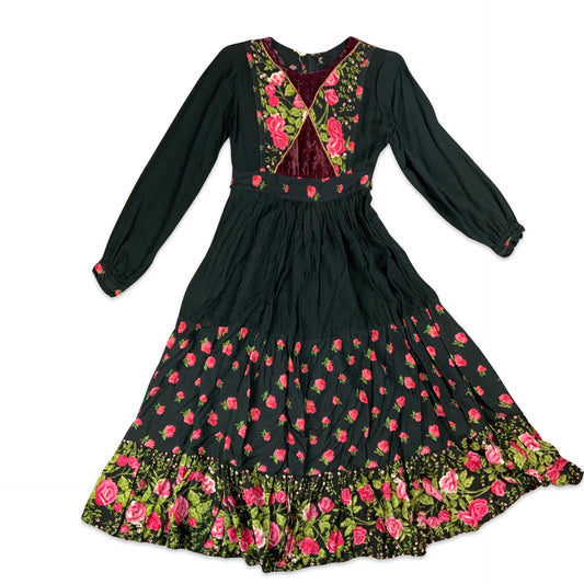 Vintage Black Floral Long Sleeve Maxi Dress 6 8