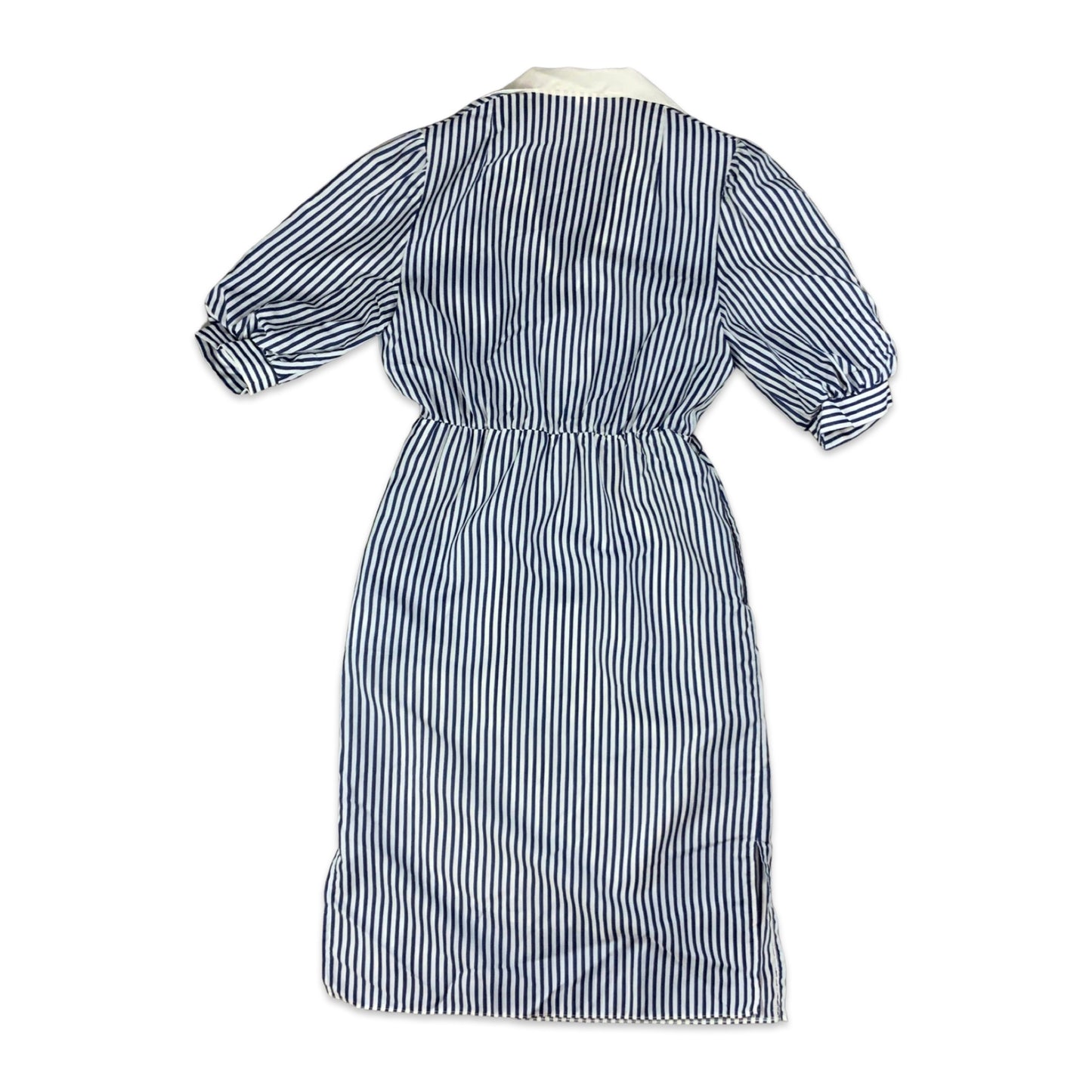 Vintage 80s Blue & White Striped Collared Midi Dress 10 12
