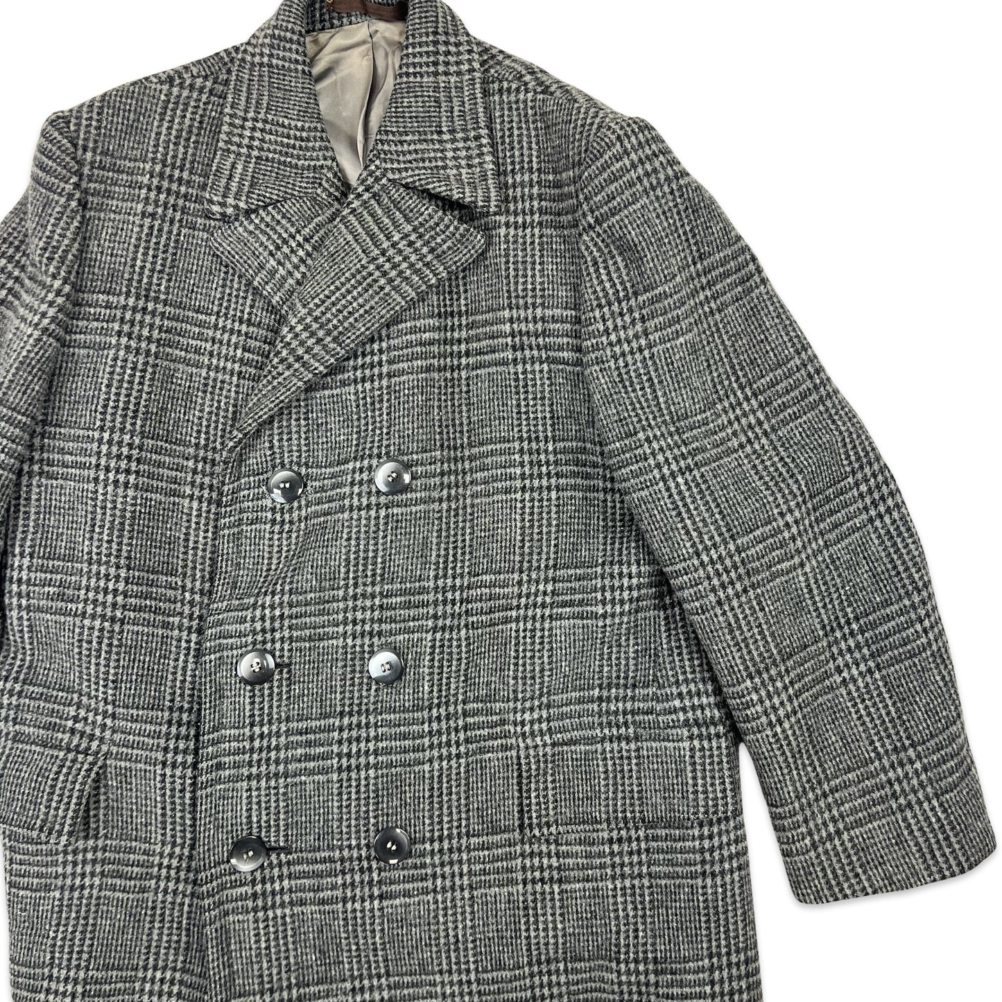 Vintage 80s Grey Checked Double Breasted Wool Coat Large