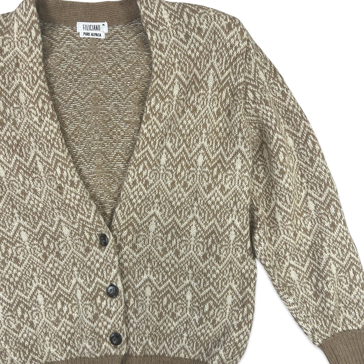 Vintage Mohair Cardigan Beige Chevron Patterned 12 14