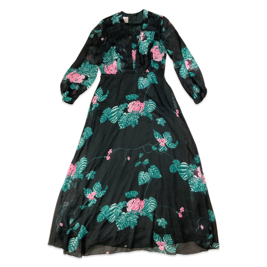 Vintage 70s Black Pink & Green Floral Maxi Dress 10 12