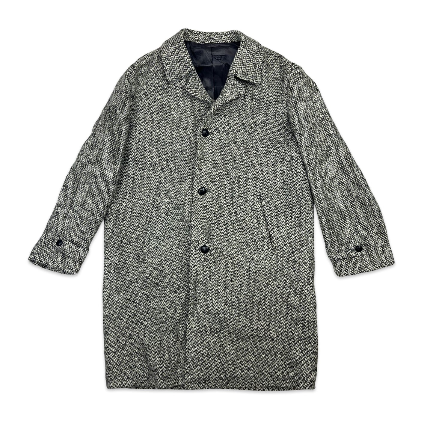 Vintage 80s Wool Tweed Midi Coat Grey Medium Large