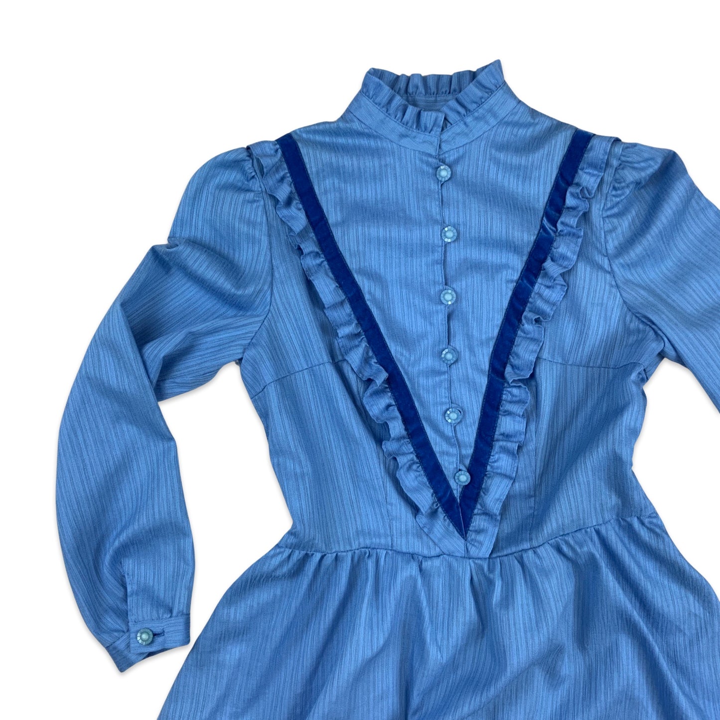 70s Vintage Ruffle Midi Skater Dress Blue 8 10