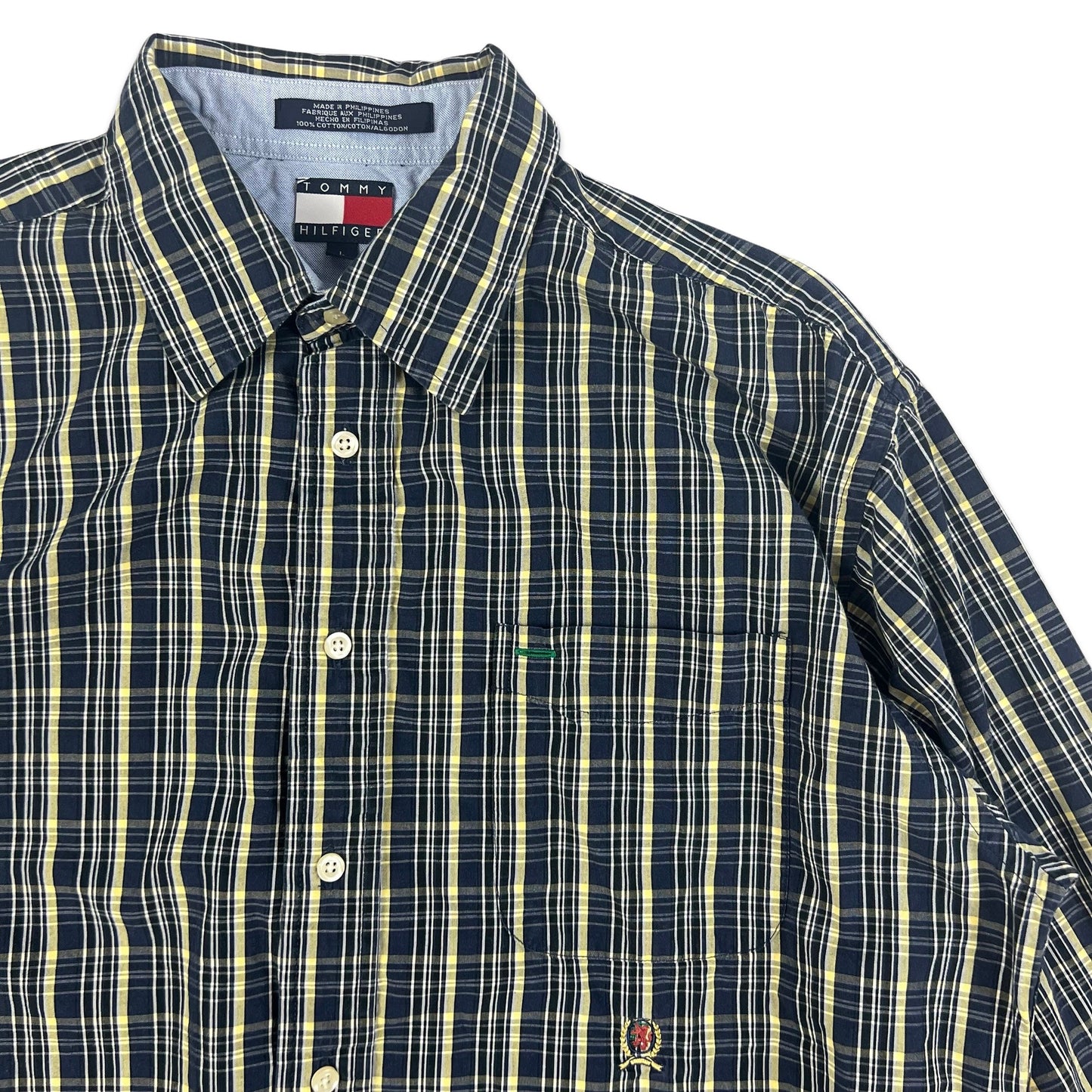 90s 00s Vintage Tommy Hilfiger Plaid Shirt Navy Yellow White L XL