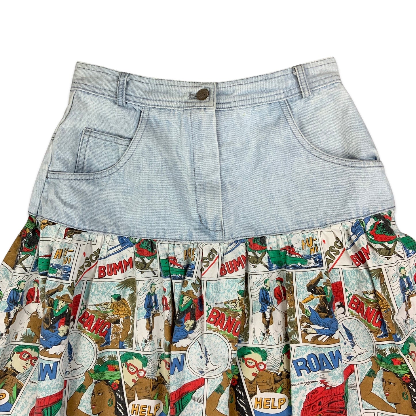 Vintage 90s Denim Midi Skirt with Novelty Comic Fabric Detail 6 8