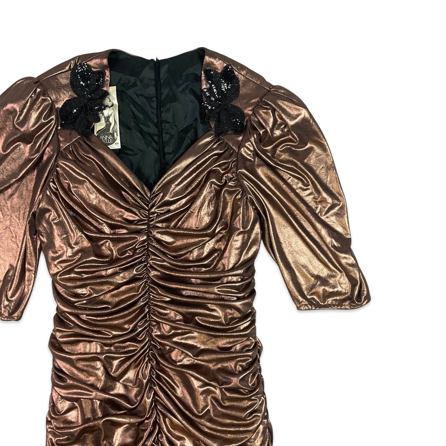 80s Vintage Midi Ruched Party Dress Metallic Bronze 10