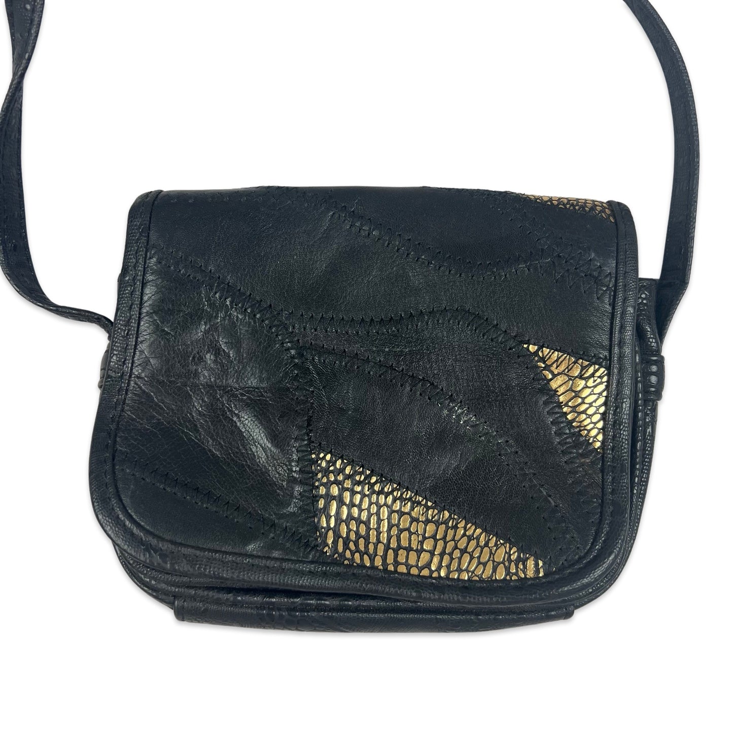 Vintage Patchwork Croc Crossbody Small Leather Handbag Black Gold