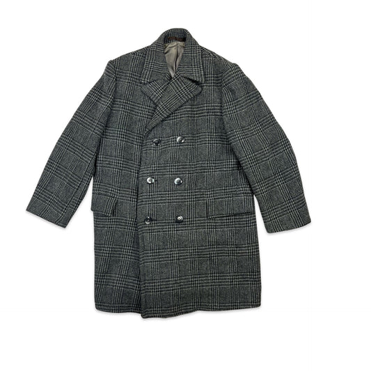 Vintage 80s Grey Checked Double Breasted Wool Coat Large