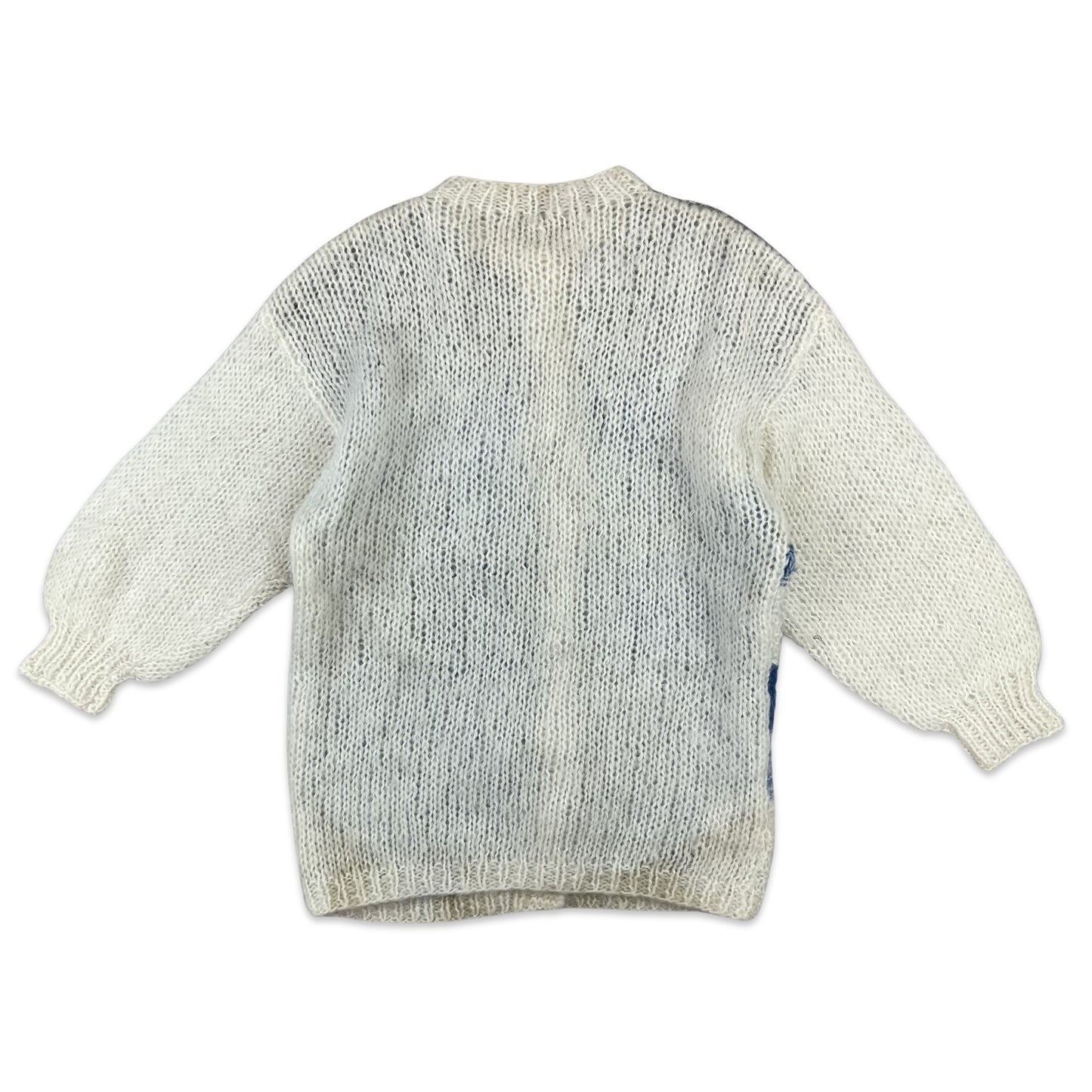 Vintage Mohair Knit Cardigan Patch Work Blue White 10 12 14