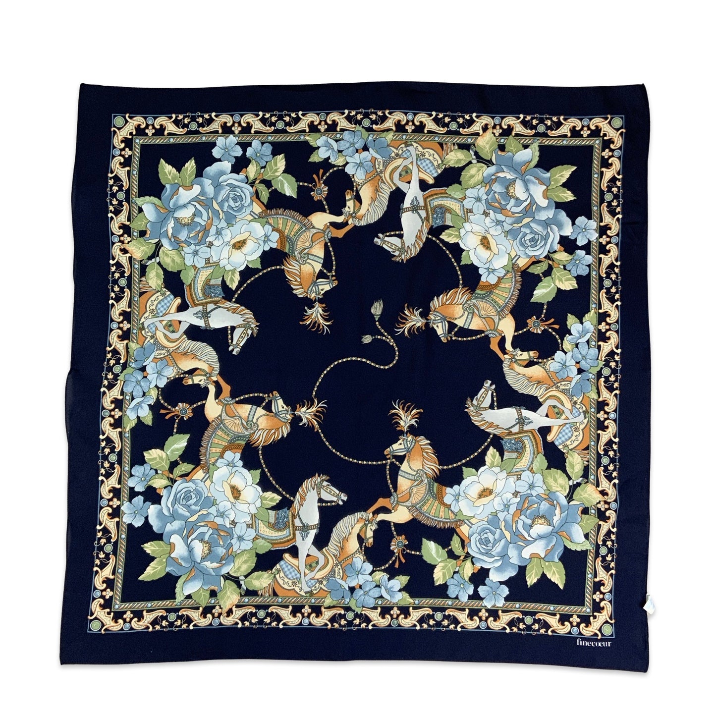 Vintage Blue Green Cream Ornate Floral Horse Scarf