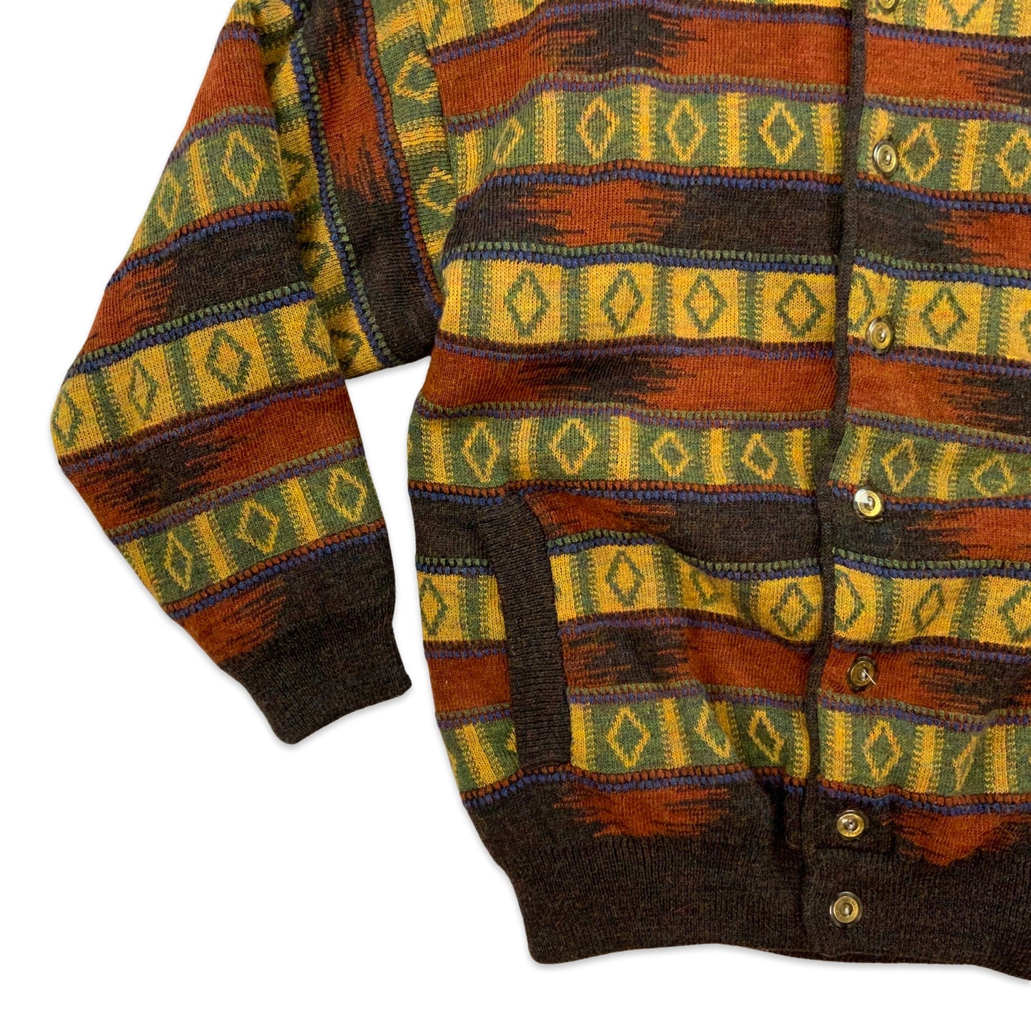Vintage Quilted Multicolour Brown Yellow Green & Red Abstract Knit Cardigan M L