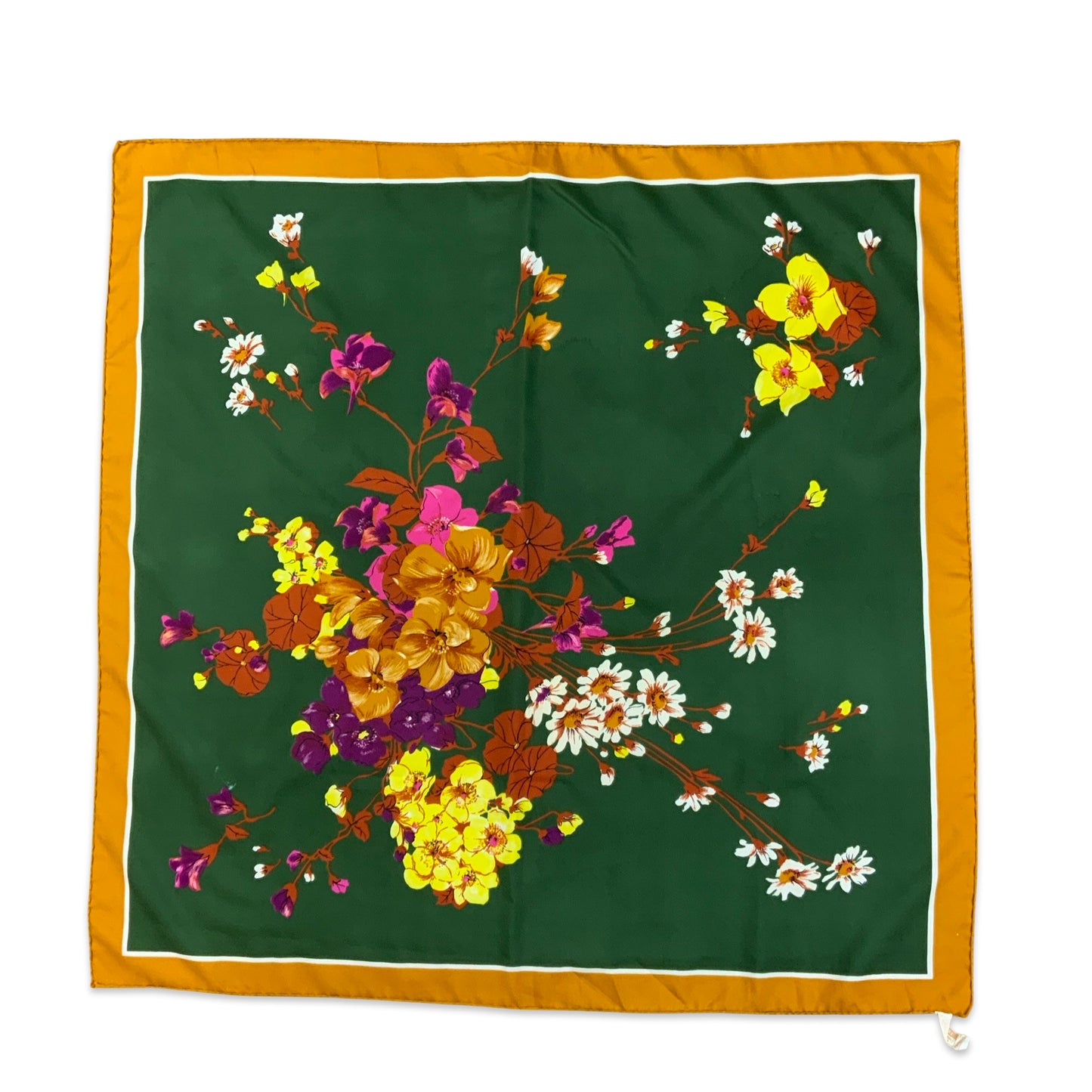 Vintage 70s Green Brown Pink Yellow Floral Print Scarf