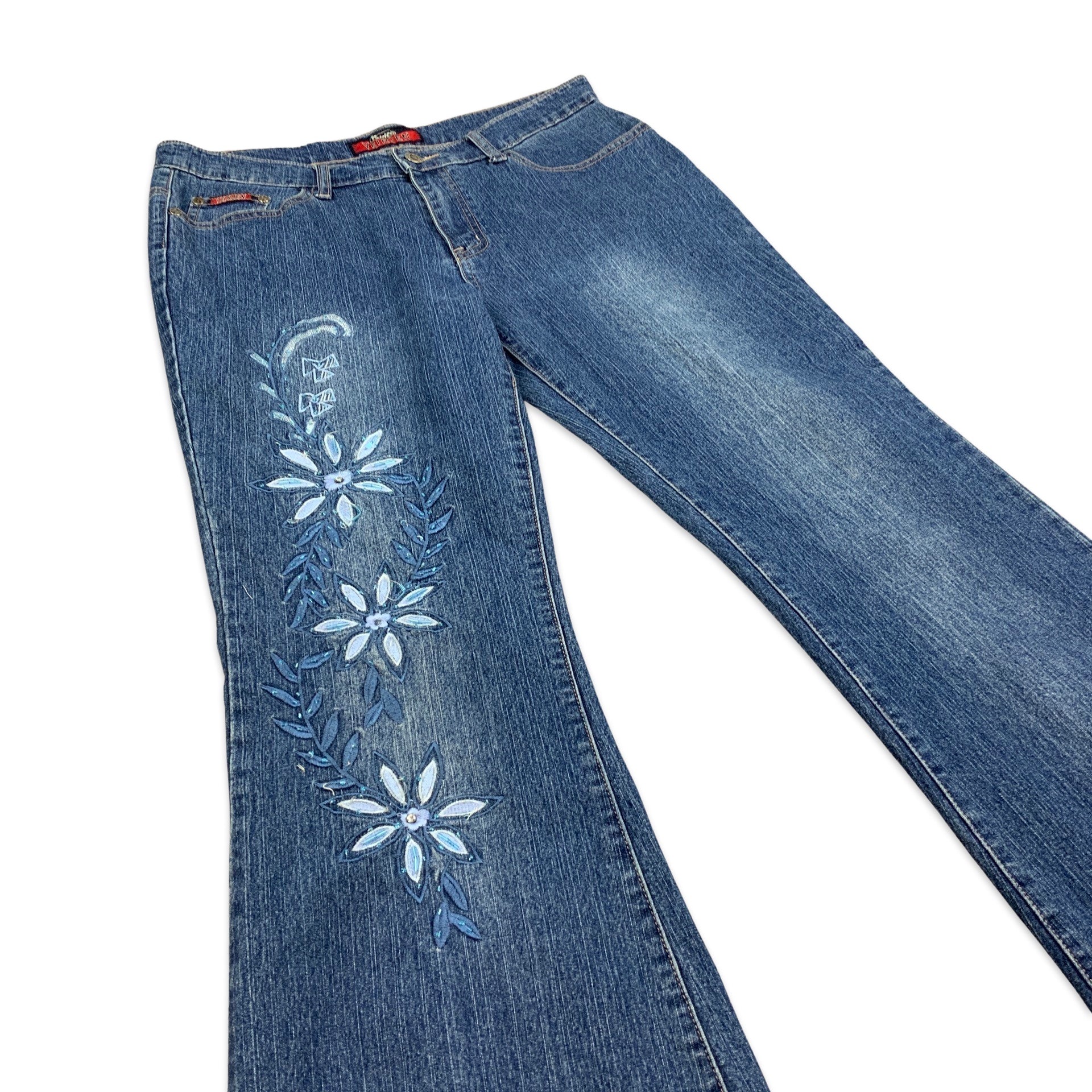 Y2K Low Rise Bootcut Denim Jeans with Floral Embroidery 12 14