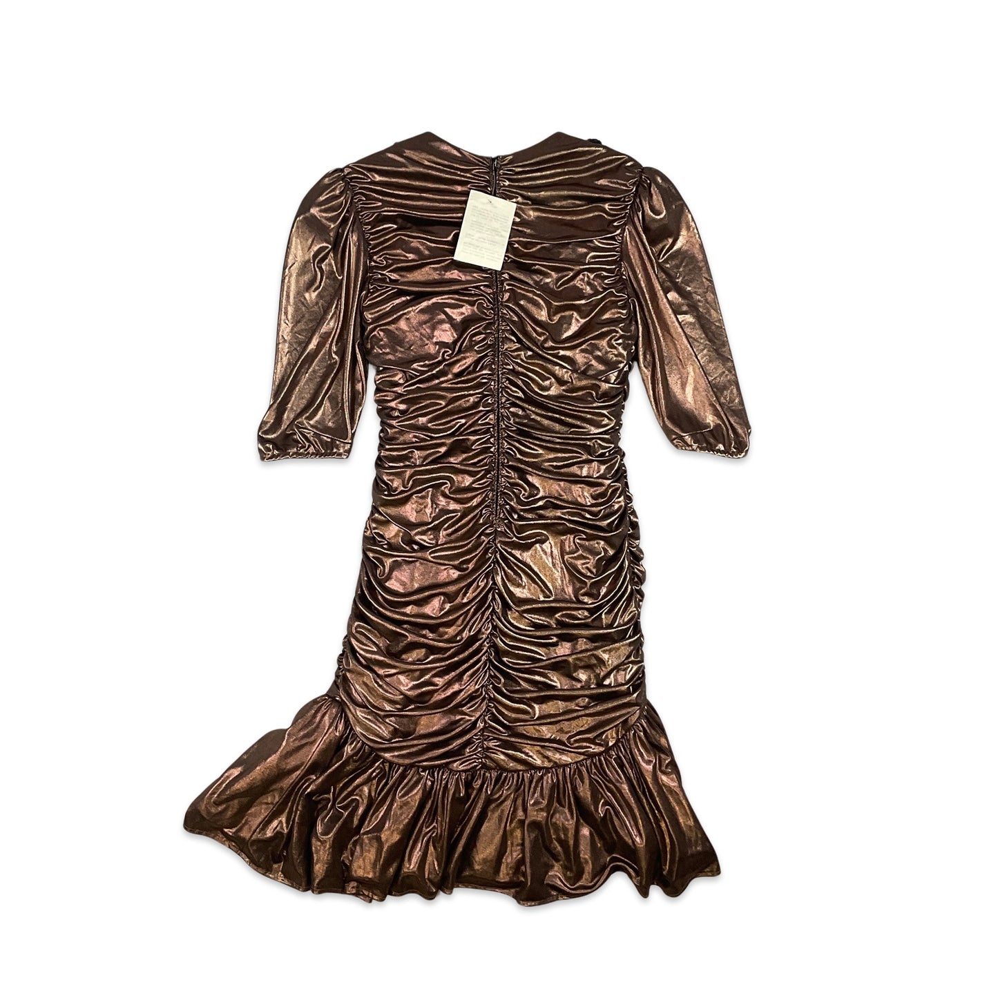 80s Vintage Midi Ruched Party Dress Metallic Bronze 10