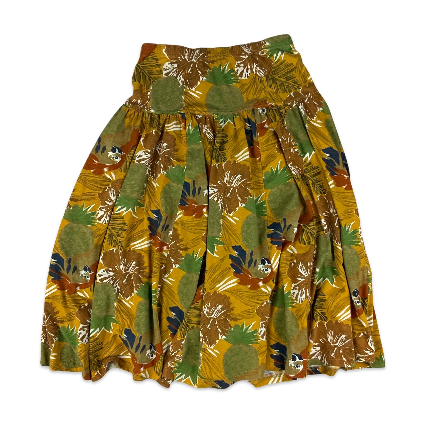 Vintage Yellow & Green Jungle Botanical Print Pleated Skirt 10 12 14