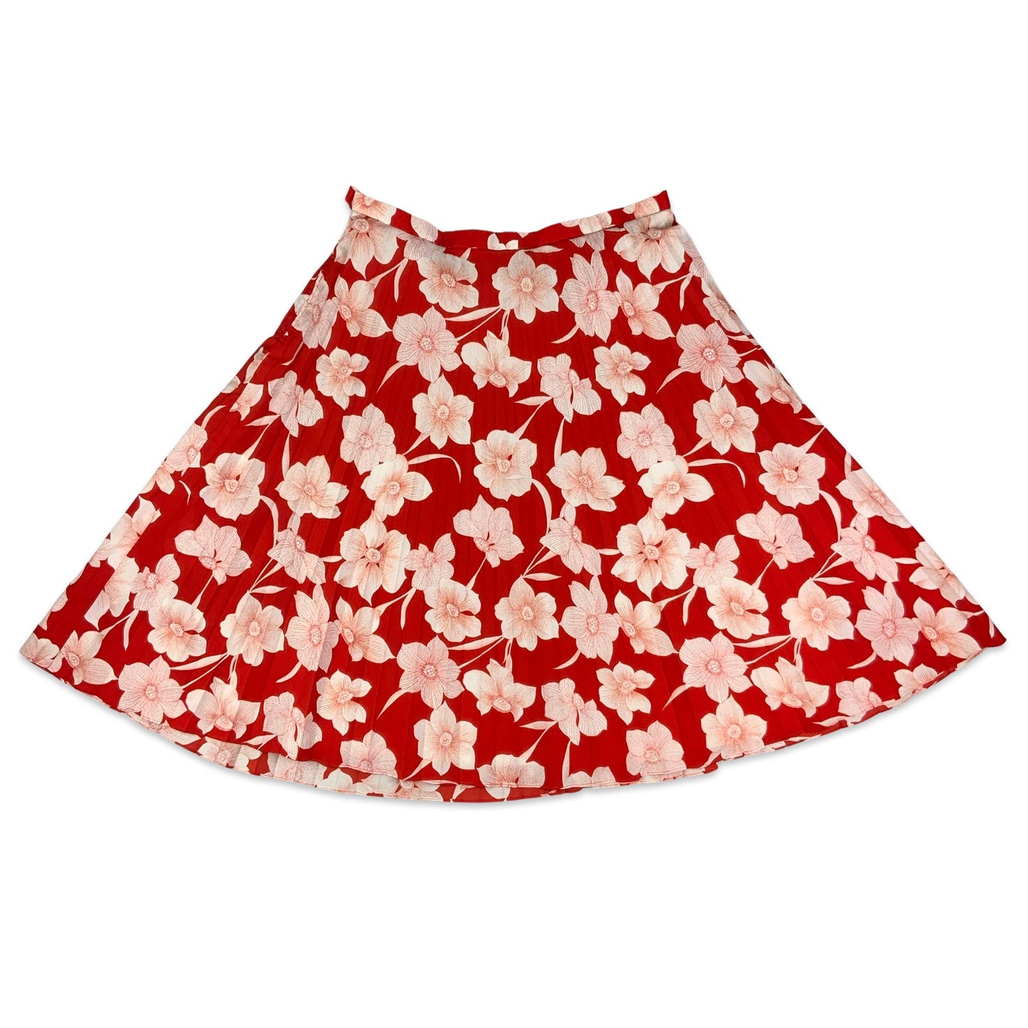 Vintage Red & White Floral Print Pleated Skirt 16