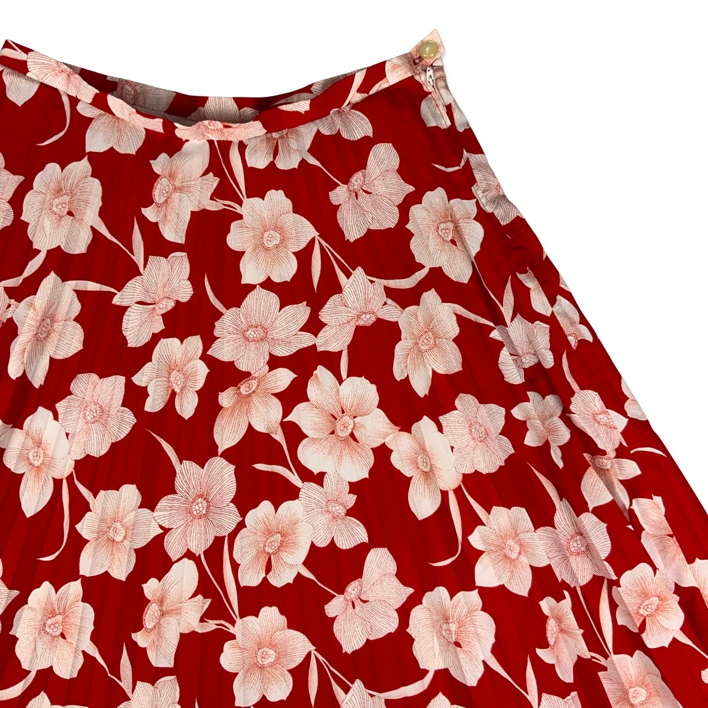 Vintage Red & White Floral Print Pleated Skirt 16