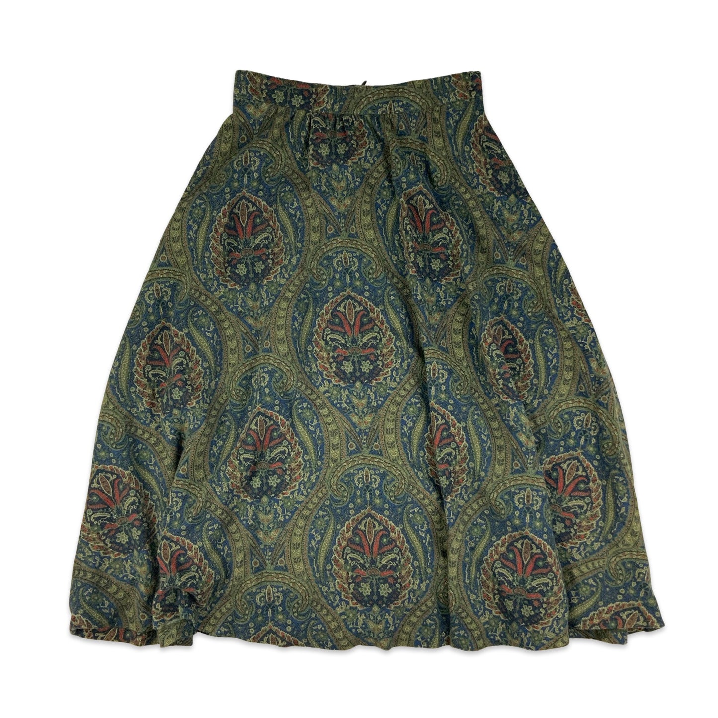 Vintage Green & Navy Paisley Pleated Maxi Skirt 8