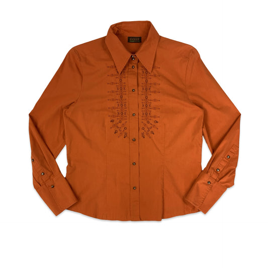 Vintage 70s 80s Orange Embroidered Blouse 12 14