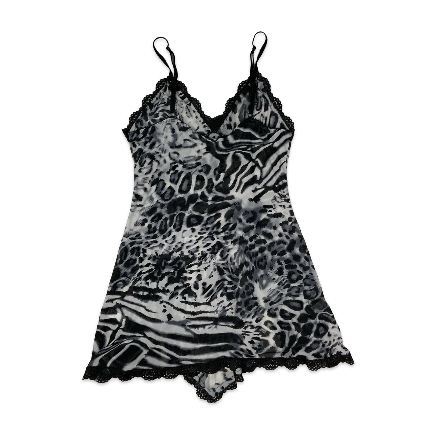 Y2K Black & Grey Leopard Print Spaghetti Strap Slip Dress 6 8