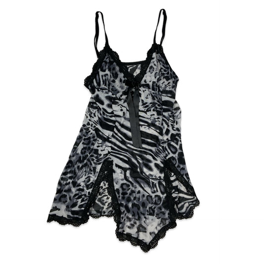Y2K Black & Grey Leopard Print Spaghetti Strap Slip Dress 6 8