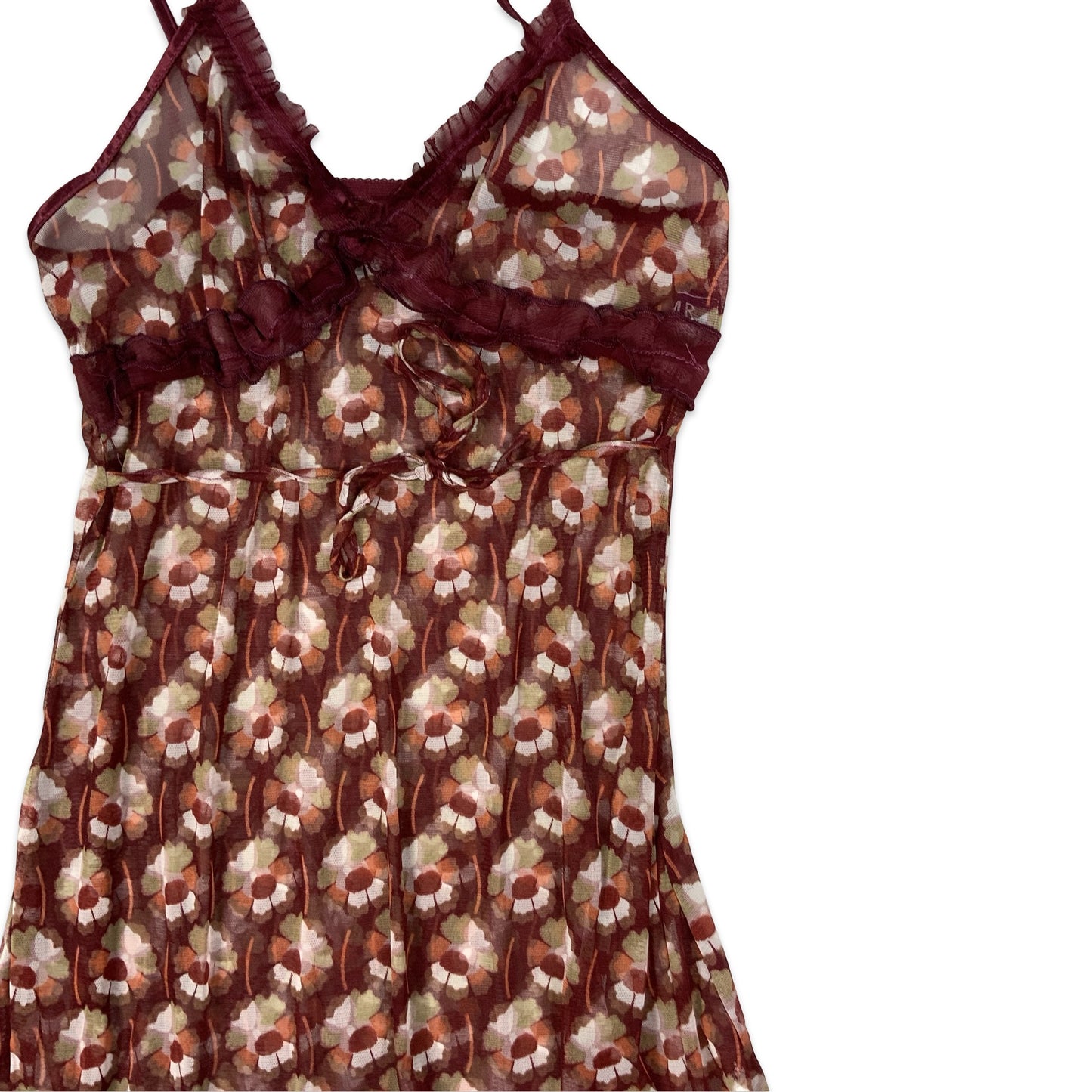 Y2K Maroon Floral Print Sheer Spaghetti Strap Slip Dress 10 12 14
