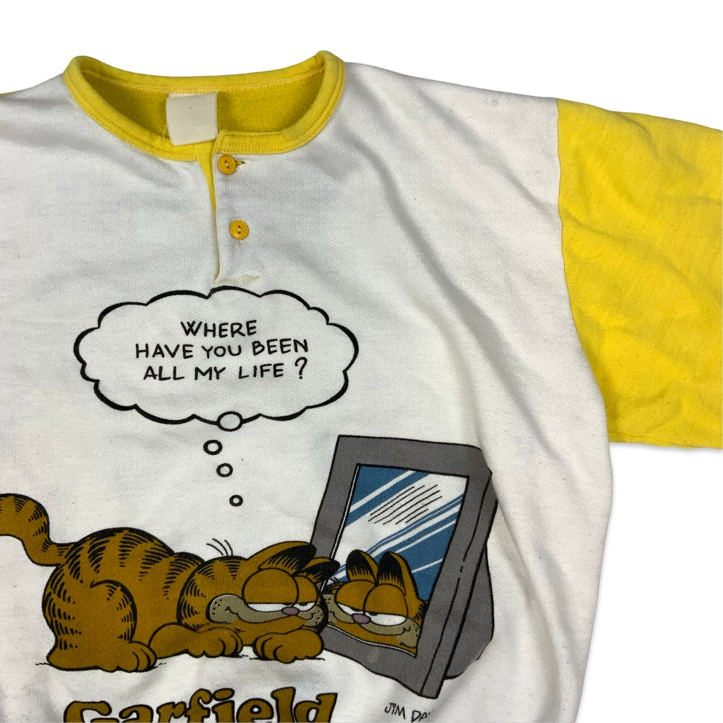 Vintage 1980s Garfield Yellow & White Graphic Print Henley Sweatshirt M