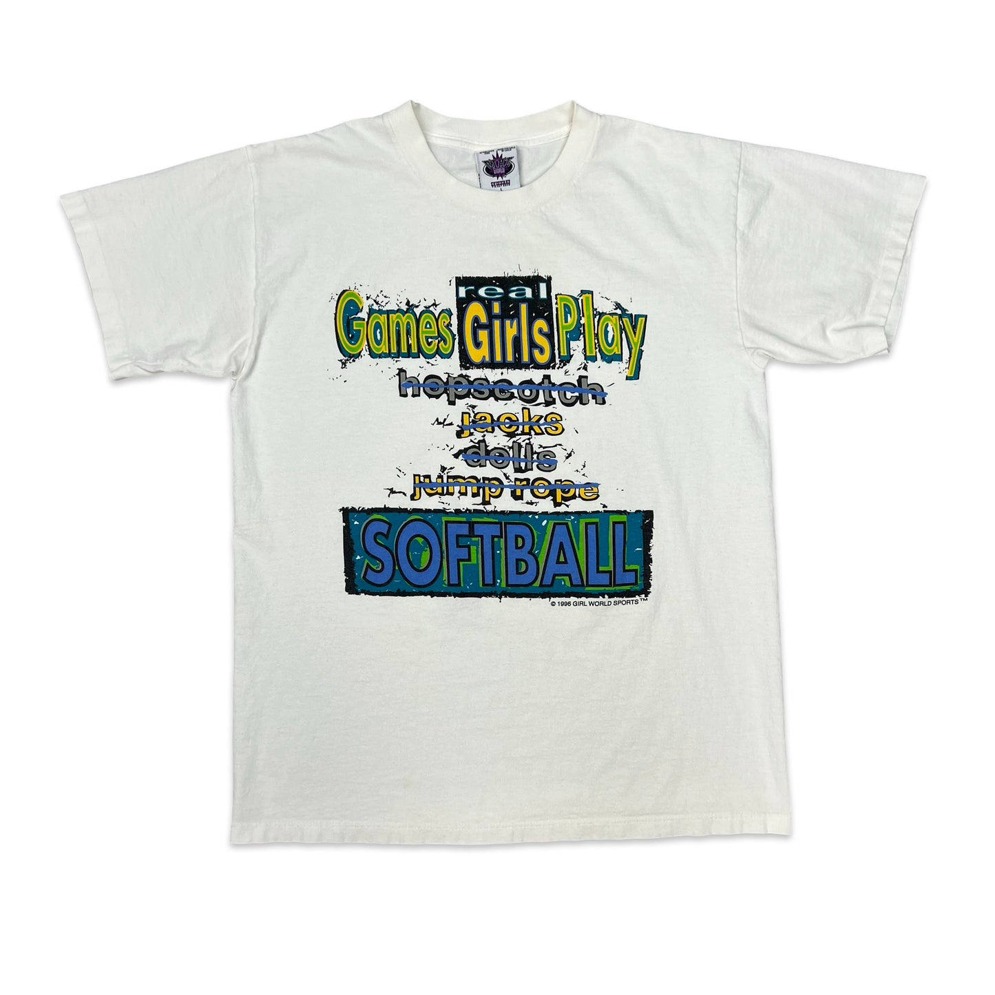 Vintage 90s Girls Play Softball White Graphic Tee L