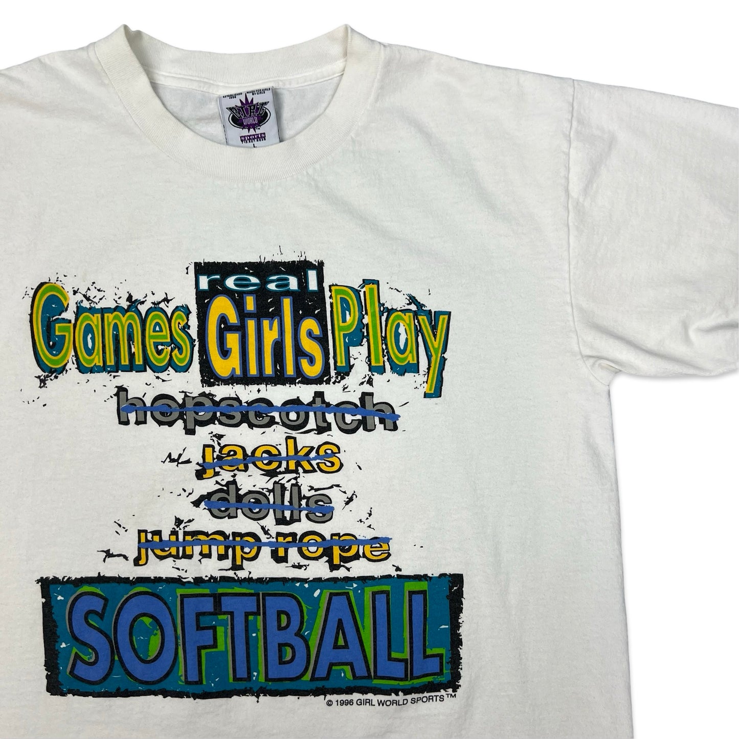 Vintage 90s Girls Play Softball White Graphic Tee L