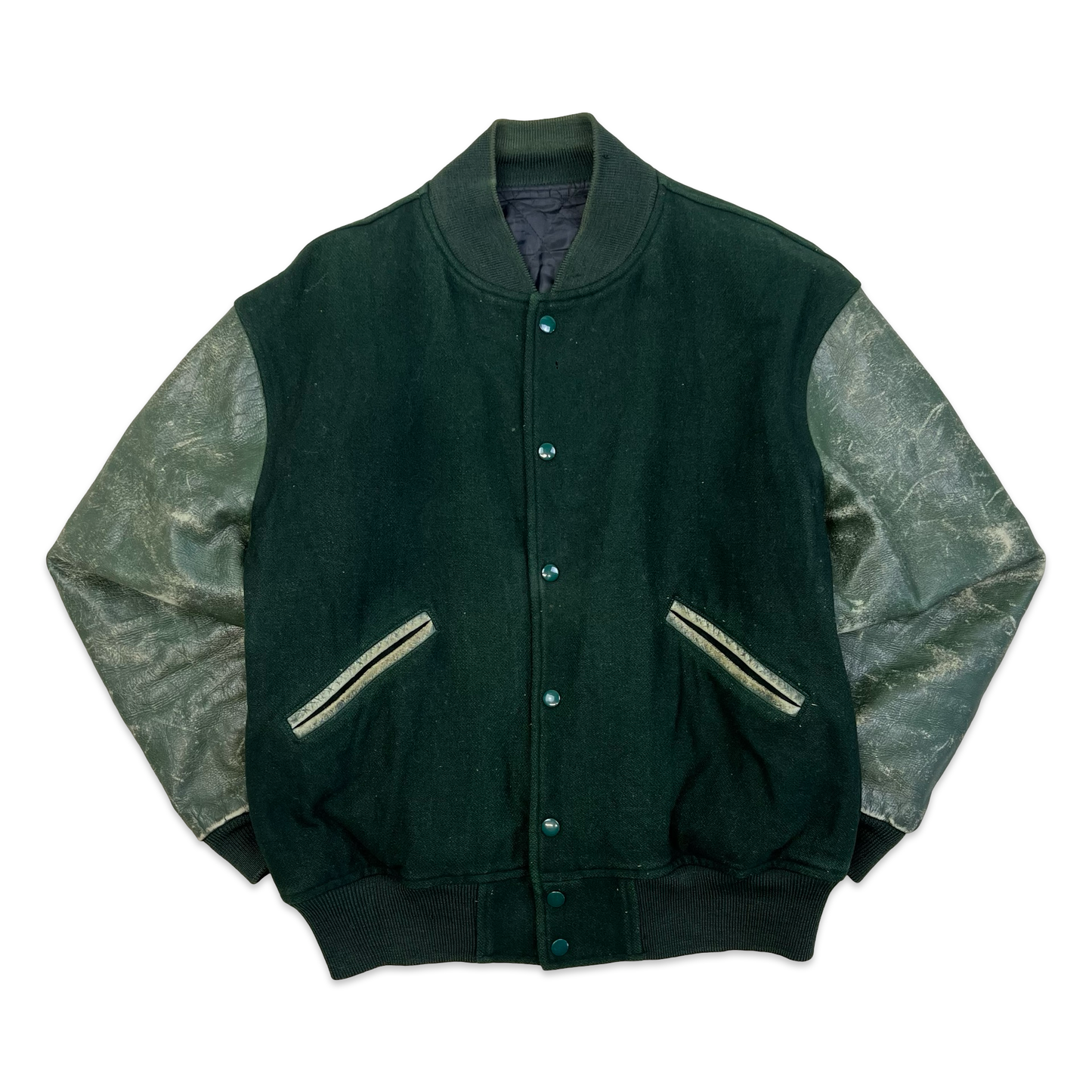 Vintage Forest Green Distressed Varsity Bomber Jacket L 14