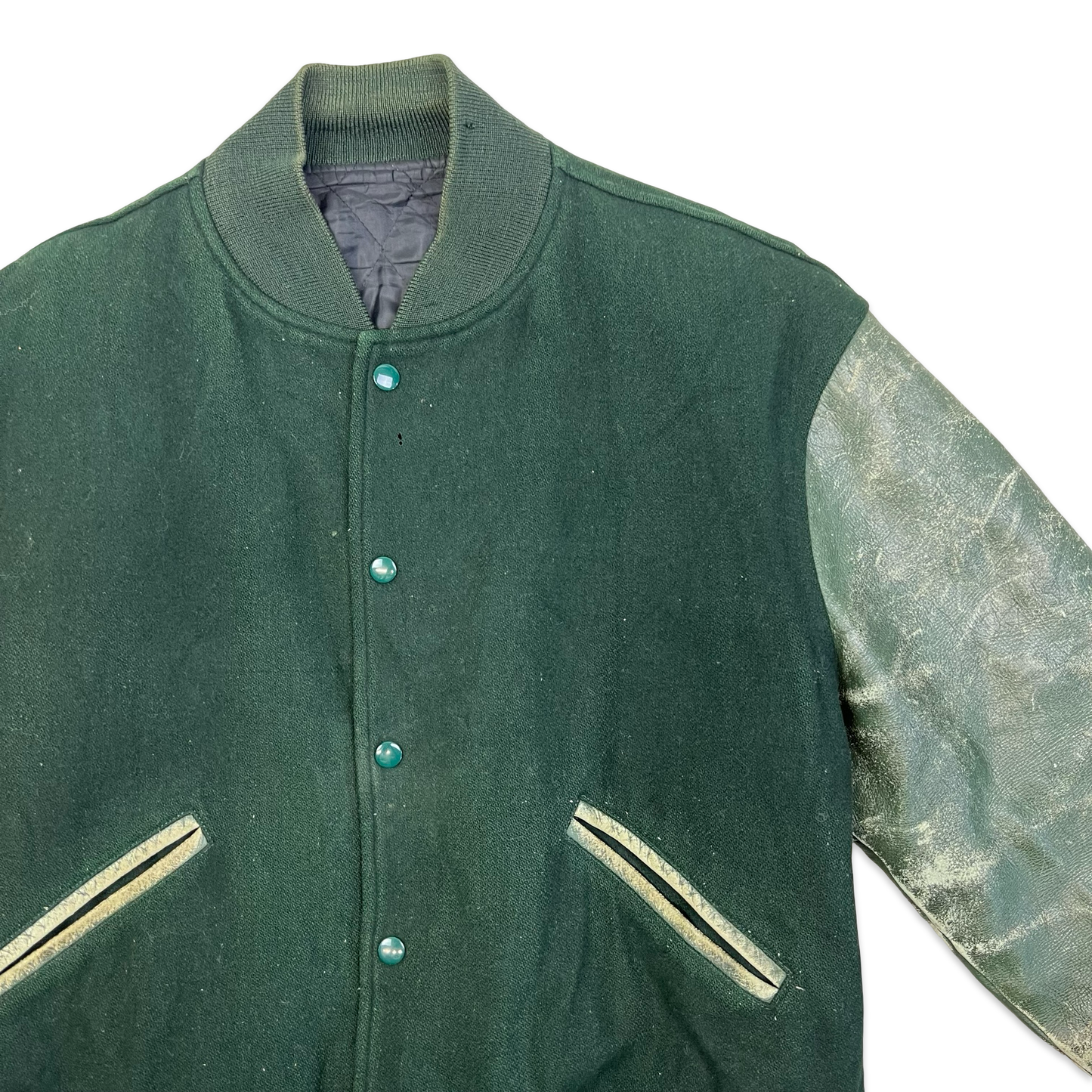 Vintage Forest Green Distressed Varsity Bomber Jacket L 14