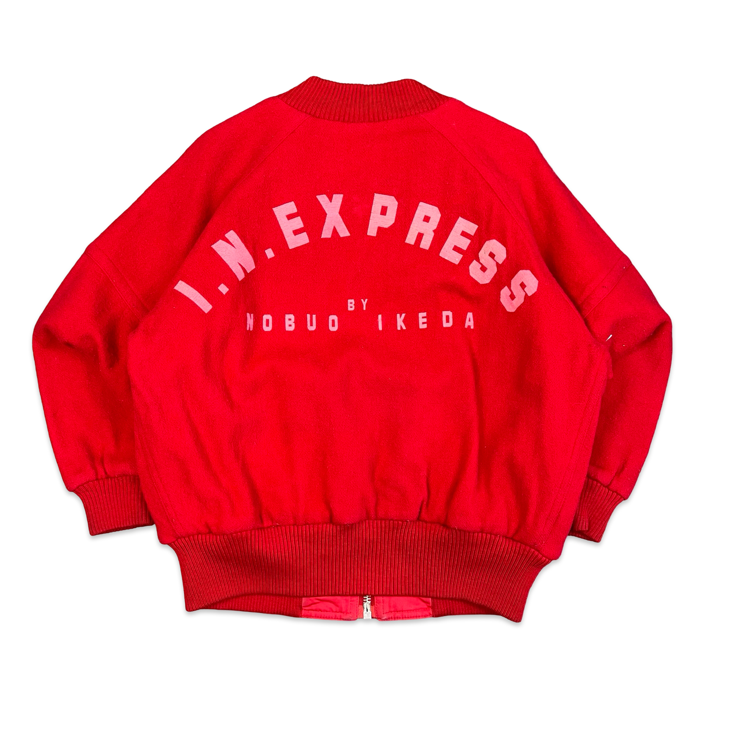 Vintage I. N. Express by Nobuo Ikeda Red Wool Varsity Bomber Jacket M