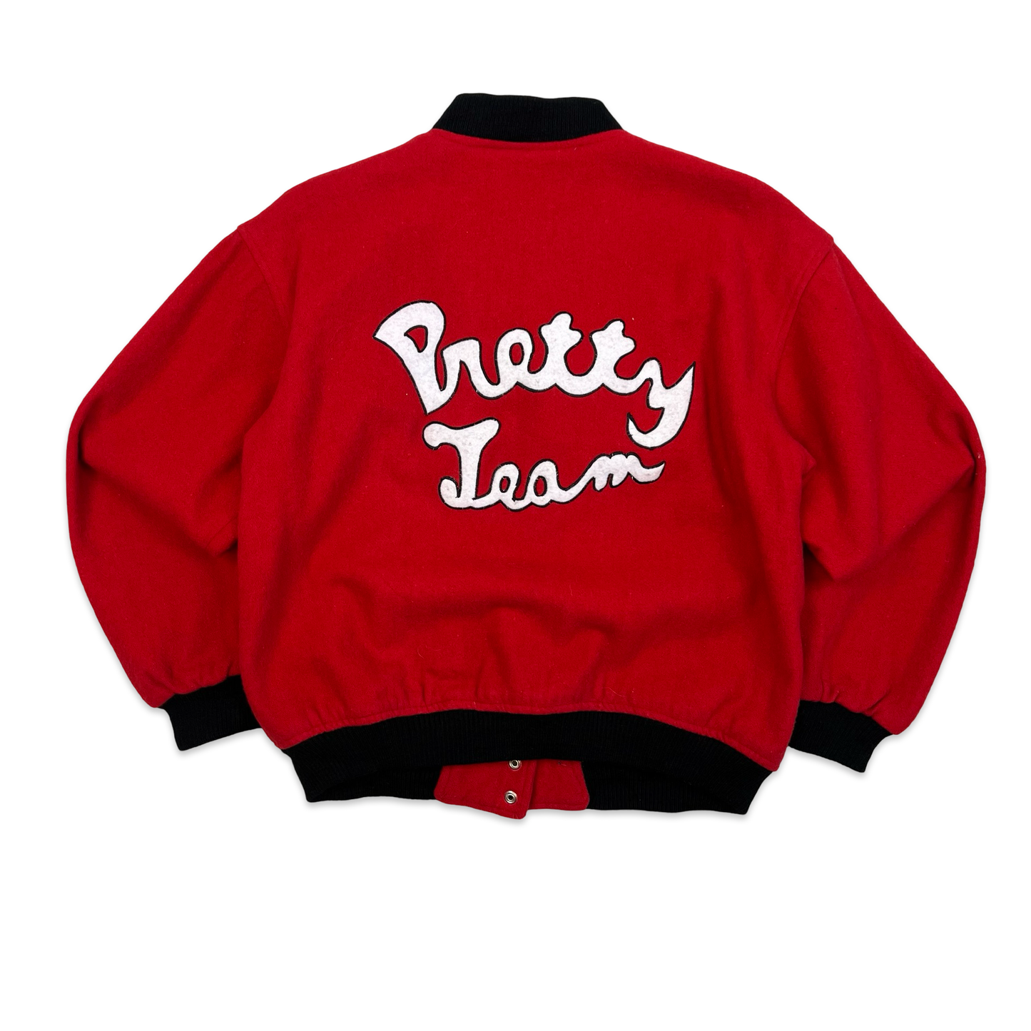 Vintage "Pretty Team" Embroidered Red Wool Varsity Jacket Pockets 16