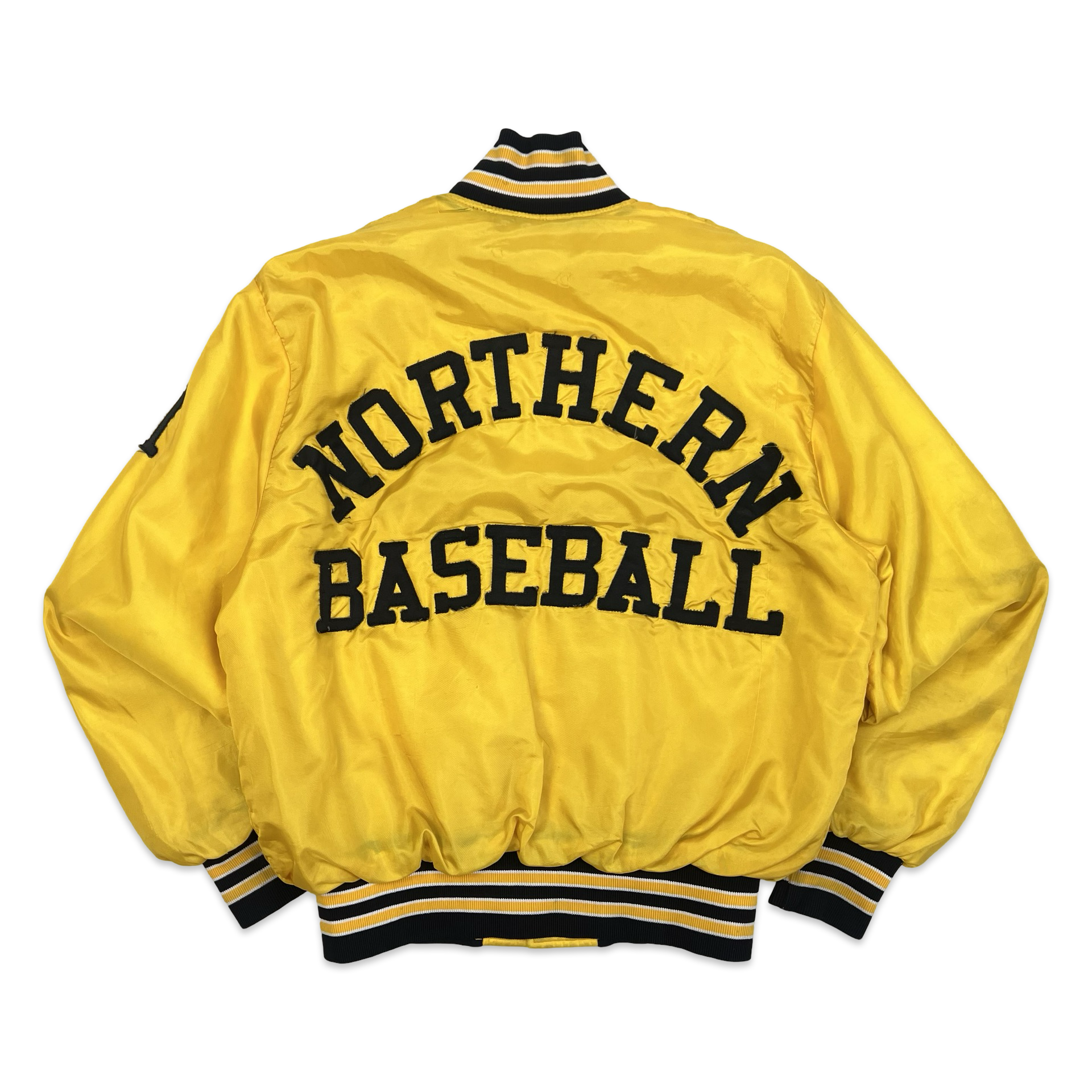 Yellow Northern Baseball Varsity jacket, with NORTHERN BASEBALL logan across back of jacket on a white background.