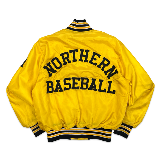 Yellow Northern Baseball Varsity jacket, with NORTHERN BASEBALL logan across back of jacket on a white background.