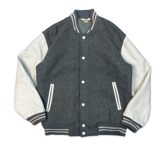 Vintage Grey Two-tone Leather & Wool Varsity Jacket S