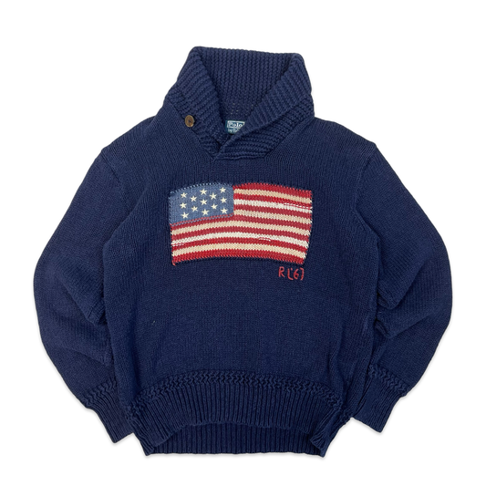 00's Polo by Ralph Lauren Navy American Flag Knit Shawl Collar Jumper L